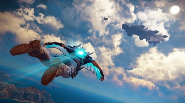 Rico heading towards Sky Fortress with powered Wingsuit