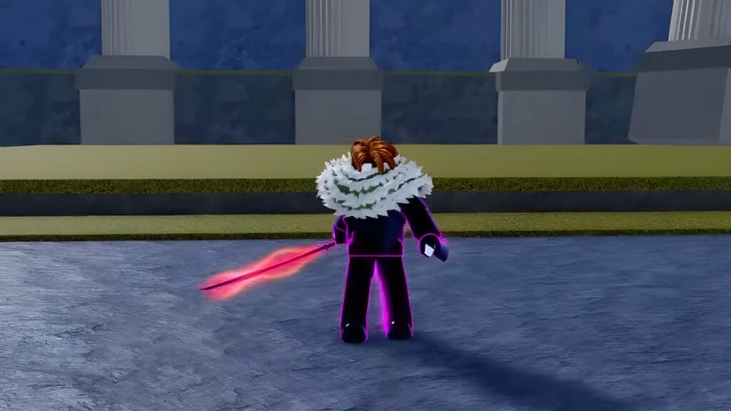 A character in Blox Fruits poses with the Tushita sword