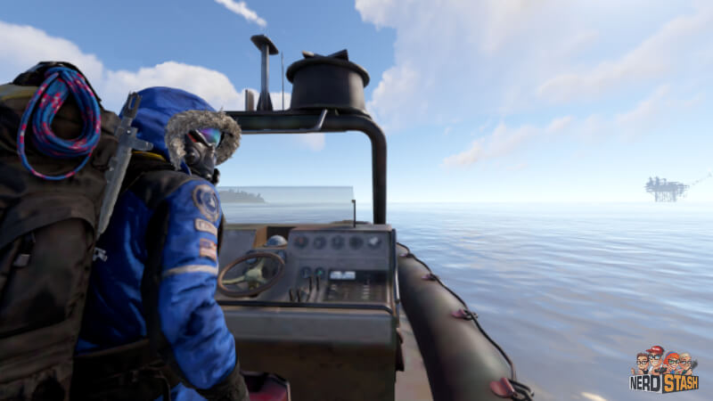 Rust player heading to the oil rig with Rhib
