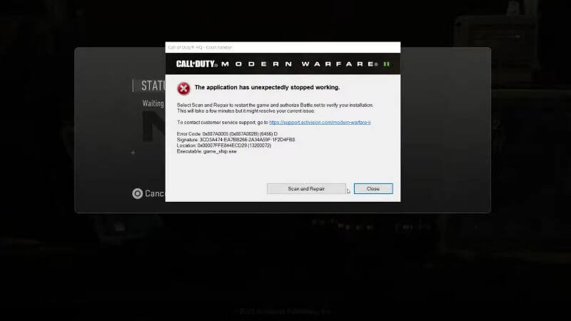 call of duty modern warfare 2 scan and repair crash