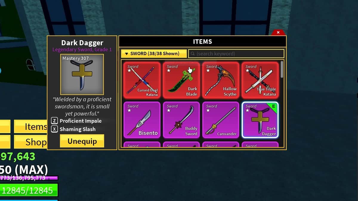 dark dagger in inventory in blox fruits