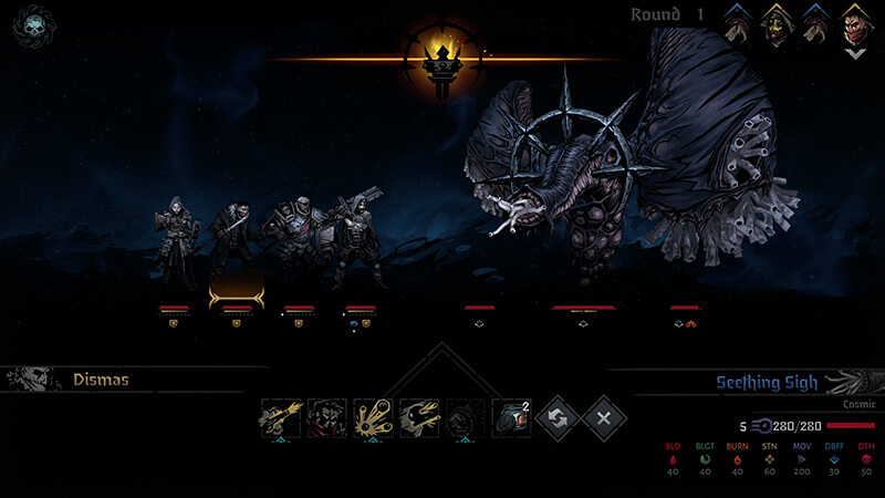 A party facing Seething Sigh in Darkest Dungeon 2.