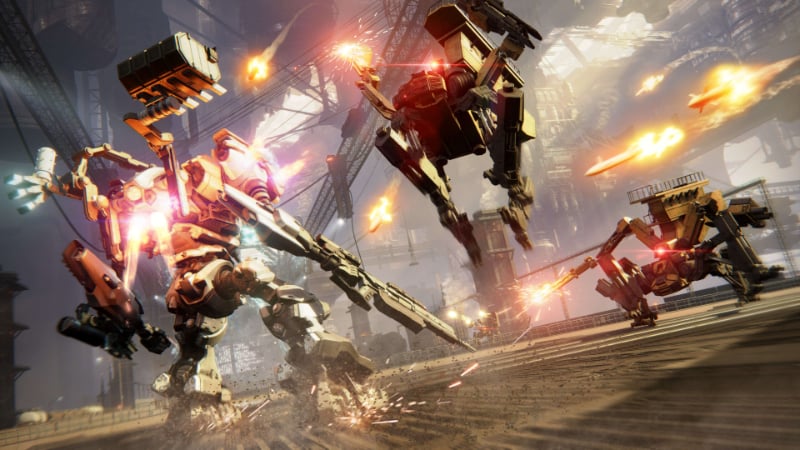 An armored core fires back at the enemy while attempting to dodge incoming missiles in Armored Core VI: Fires of Rubicon.