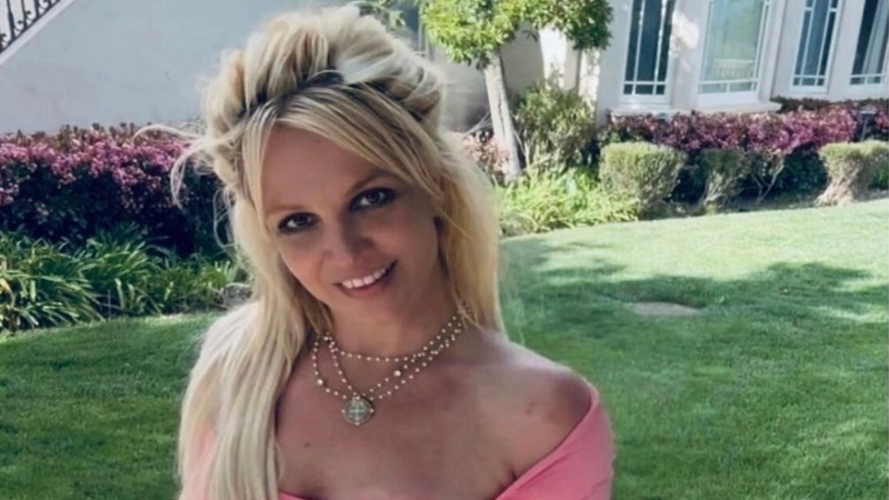 photo of Britney Spears posing in a pink top