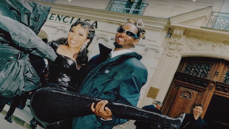 Cardi B and Offset pose during Paris fashion Week Balenciaga show