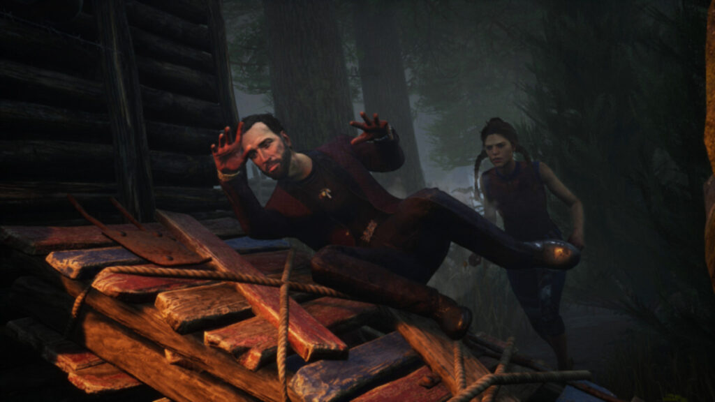 Nicolas Cage vaults a pallet in Dead by Daylight.