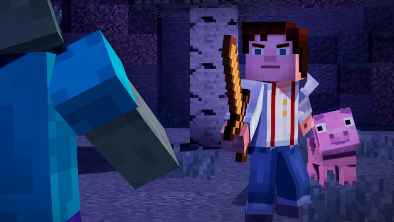 The hero brandishes a sword in defense of a pig.