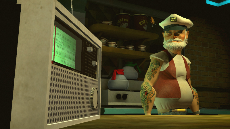 An old sailor looks at a radio in Telltale Game's Sam & Max: The Devil's Playhouse,.
