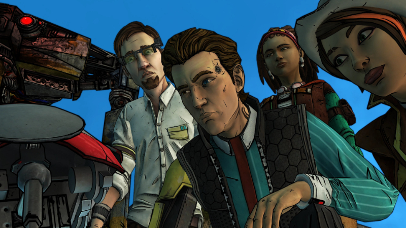 The heroes look at something in Tales from the Borderlands, interactive fiction by Telltale Games