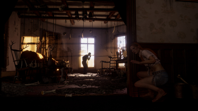 The Cook listens for a victim at the window of his farmhouse in The Texas Chain Saw Massacre, an asymmetrical horror game like Dead by Daylight.
