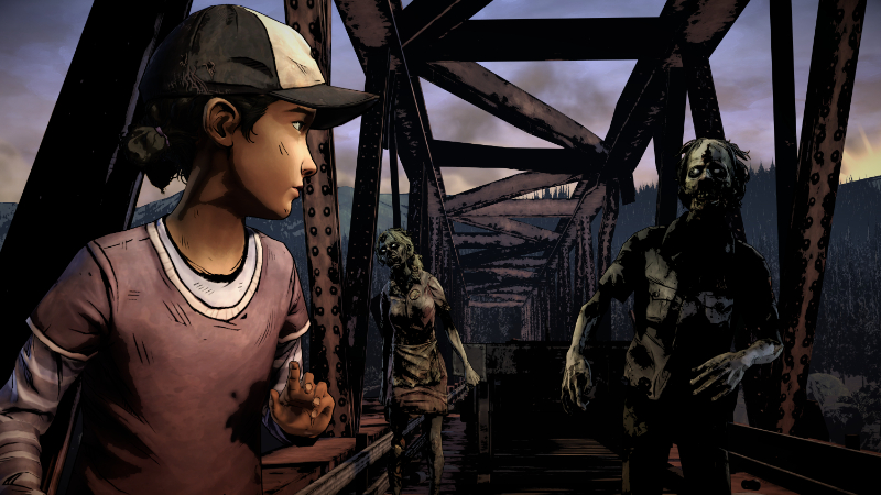 Clementine looks at a horde of walkers on a bridge in The Walking Dead: The Definitive Series