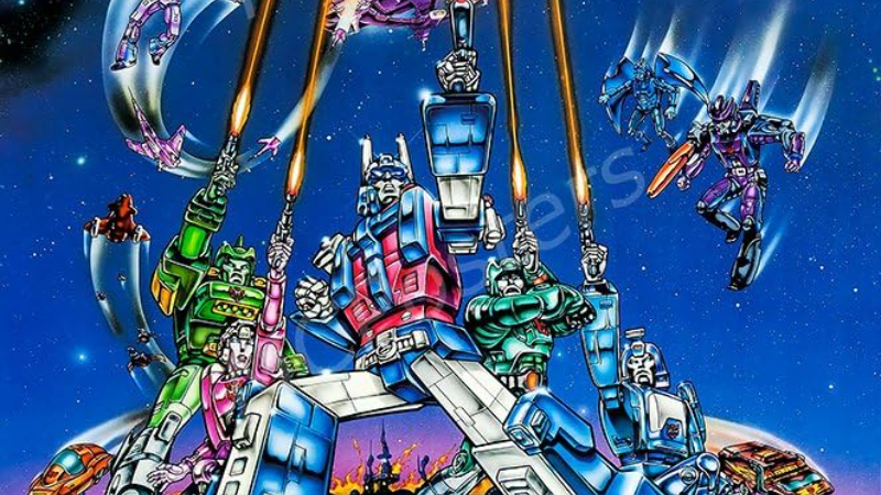 The Autobots pose on the cover of a poster for Transformers: The Movie, based on the retro toys franchise.
