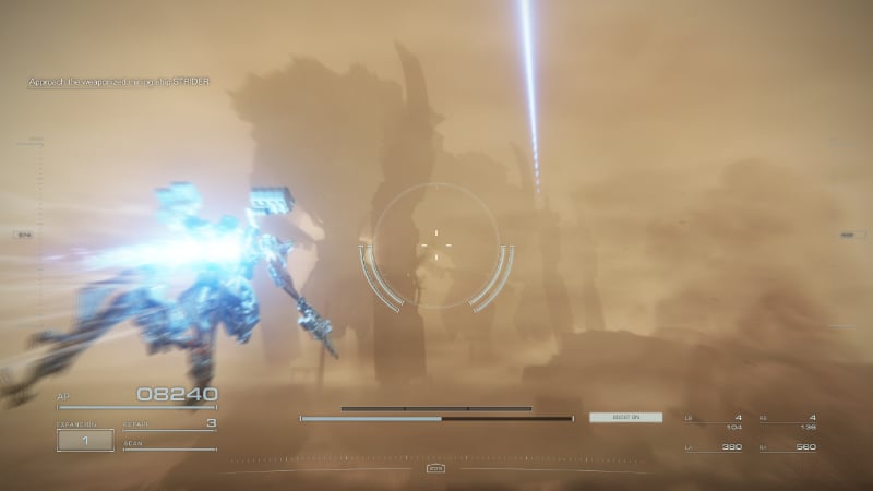 The player boosts toward the Strider in Armored Core 6
