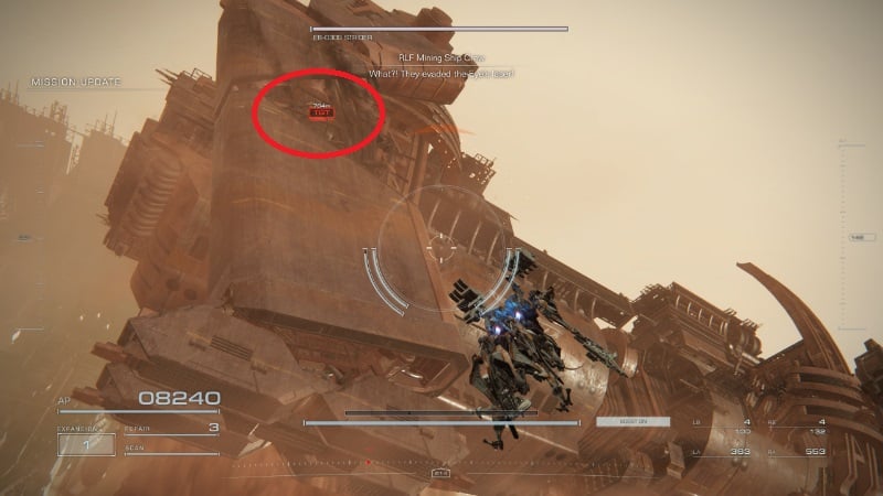 The player targets the Strider's leg in AC6