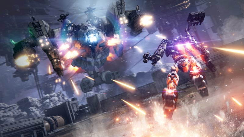 An AC does battle with another mech in Armored Core 6: Fires of Rubicon by FromSoftware, a mech game you need to play