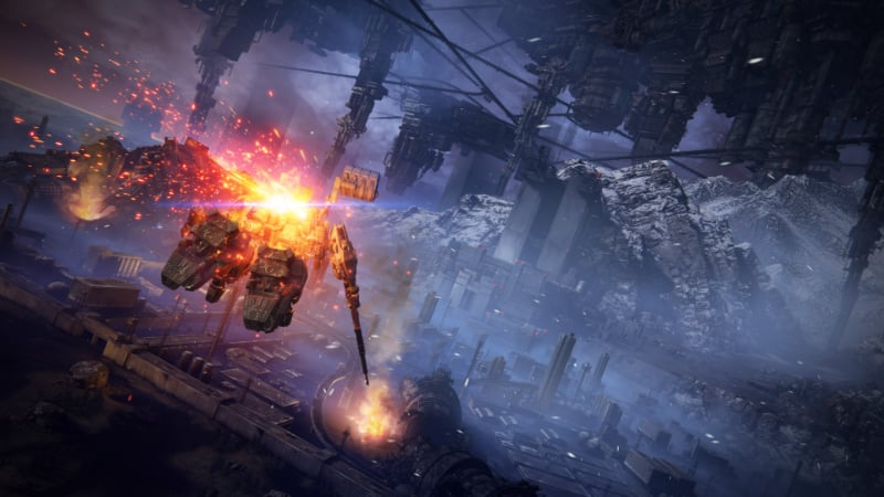 An AC flies toward a mountain in Armored Core 6: Fires of Rubicon by FromSoftware, a mech game you need to play
