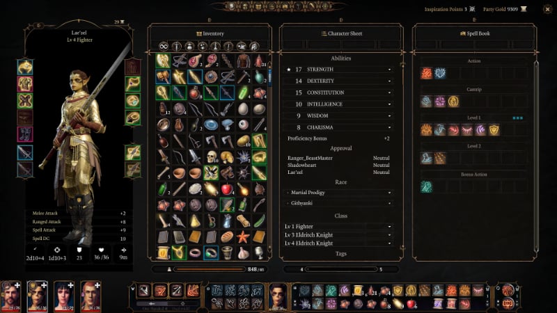 Character menu with altered weight thanks to the CarryWeightExtra mod in BG3 by Larian Studios