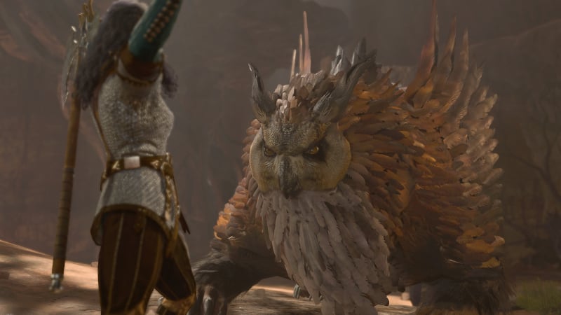 A character confronts an Owlbear in Baldur's Gate 3, which can be bested using various tips and tricks