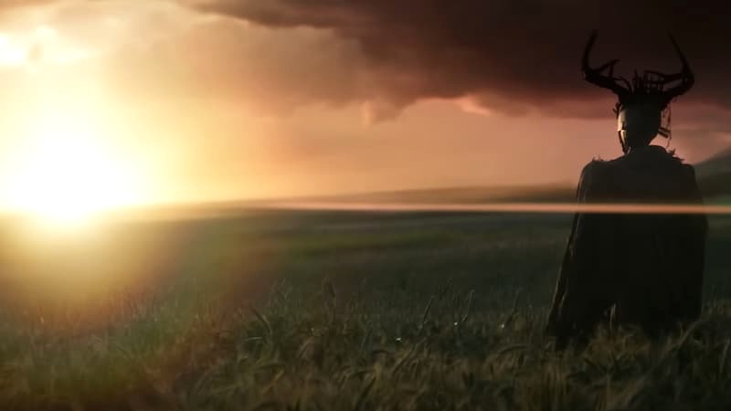A horned soldier looking at the sun in Rebel Moon
