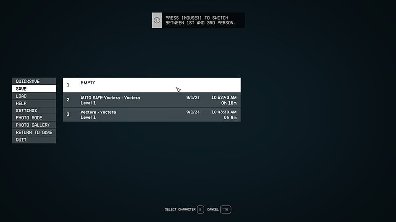 Starfield Save Game Menu Image