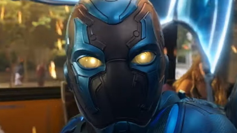 Close-up shot of Blue Beetle from the new movie