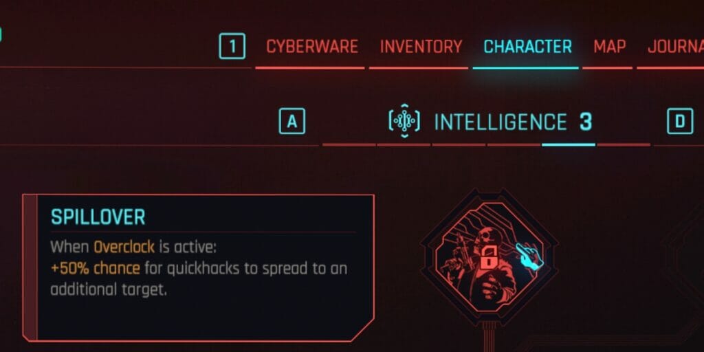 Spillover, one of the best Intelligence Perks in CD Projekt Red's dystopian RPG