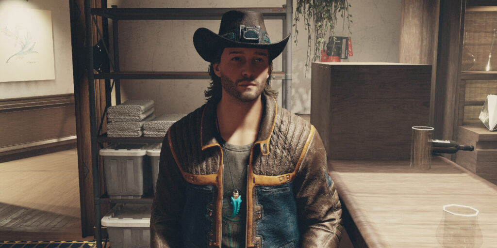 Sam stands in the Lodge in Bethesda's new sci-fi game