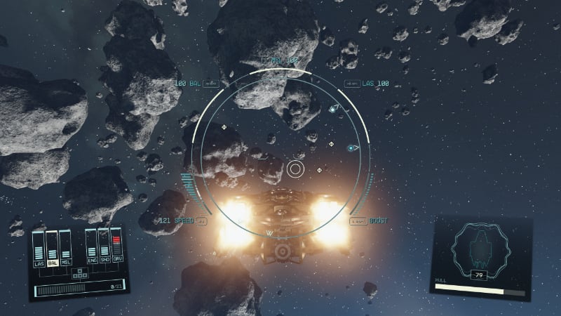 A ship traverses an asteroid field in Starfield