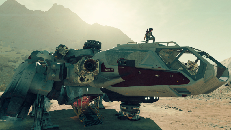 A smuggler rests atop their ship in Starfield