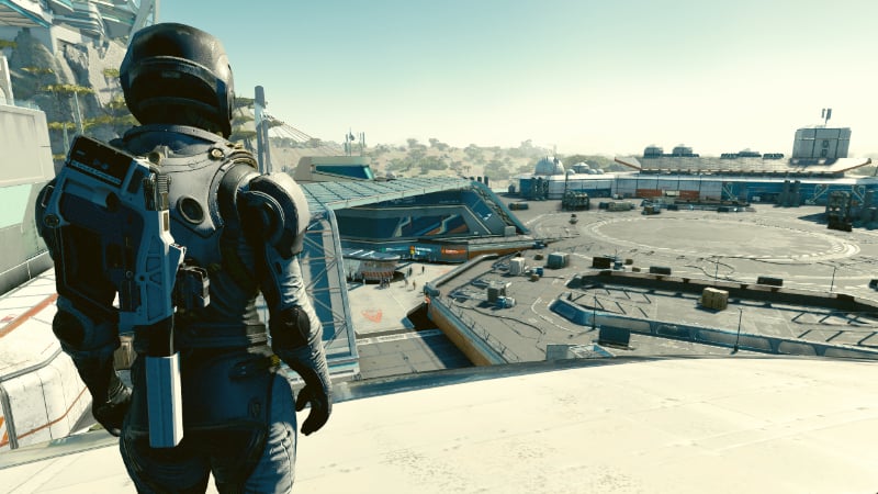 overlooking a space port in starfield
