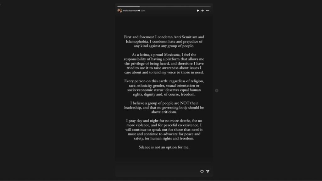 Melissa Barrera's statement about being fired from Scream 7 and standing for what she has said about Israel and defending Palestine
