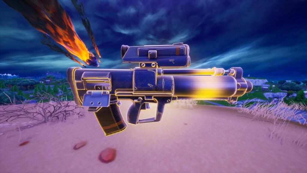 Feature image of "where to find Proximity Grenade Launcher in Fortnite OG" article that showcase the in-game model of the Proximity Grenade Launcher