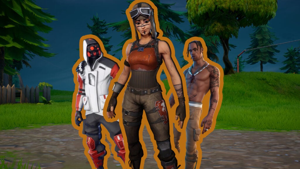 feature image of most rare skin in fortnite article with Double-Helix, Renegade-Raider, and Travis Scott