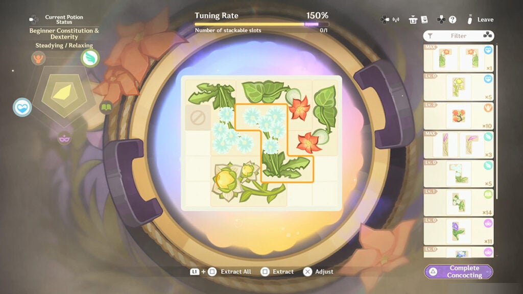An image showing how you should place the ingredients to make Beidou's potion in Alchemical Ascension,