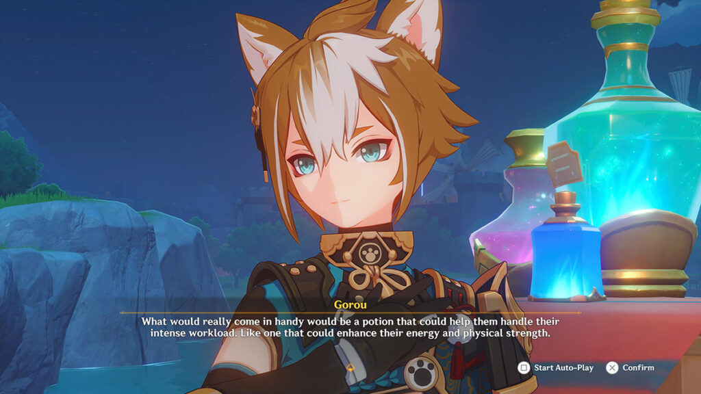 Gorou asks for a potion during the final phase of Genshin Impact's Alchemical Ascension event.