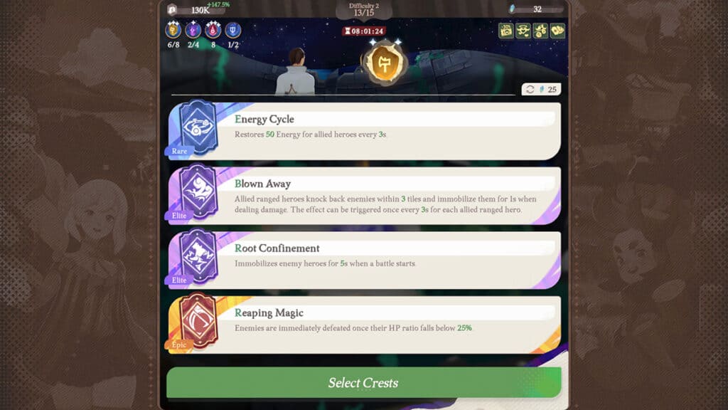 The crest selection screen in Arcane Labyrinth.