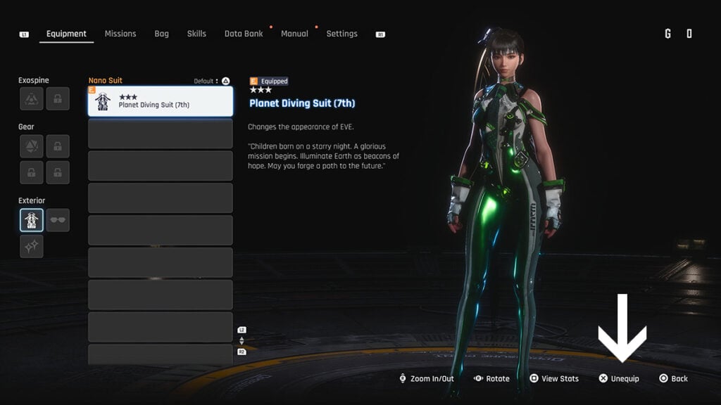 The nano suit selection screen in Stellar Blade.