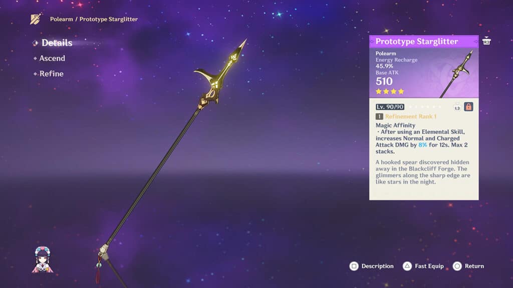 The Prototype Starglitter polearm, as shown in Genshin Impact.