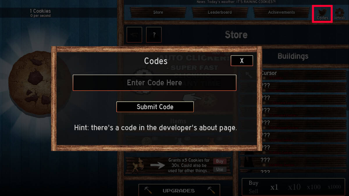 Redeeming codes in Roblox Cookie Clicker.