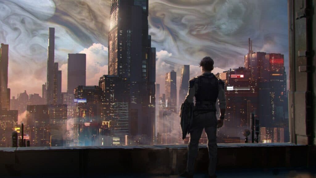 Exodus Reimagines One of Fiction’s Favorite Tropes Concept art of a character looking out at a city through a large window in Exodus