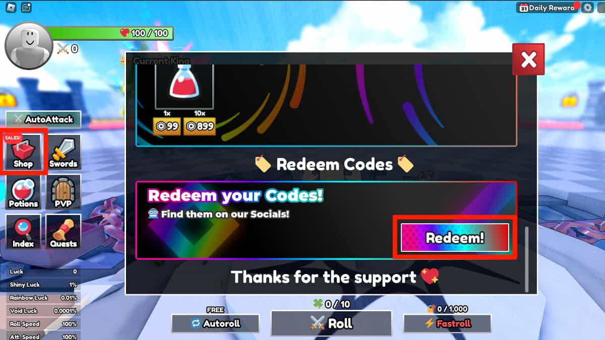 Redeeming codes in Roblox Dungeon RNG.