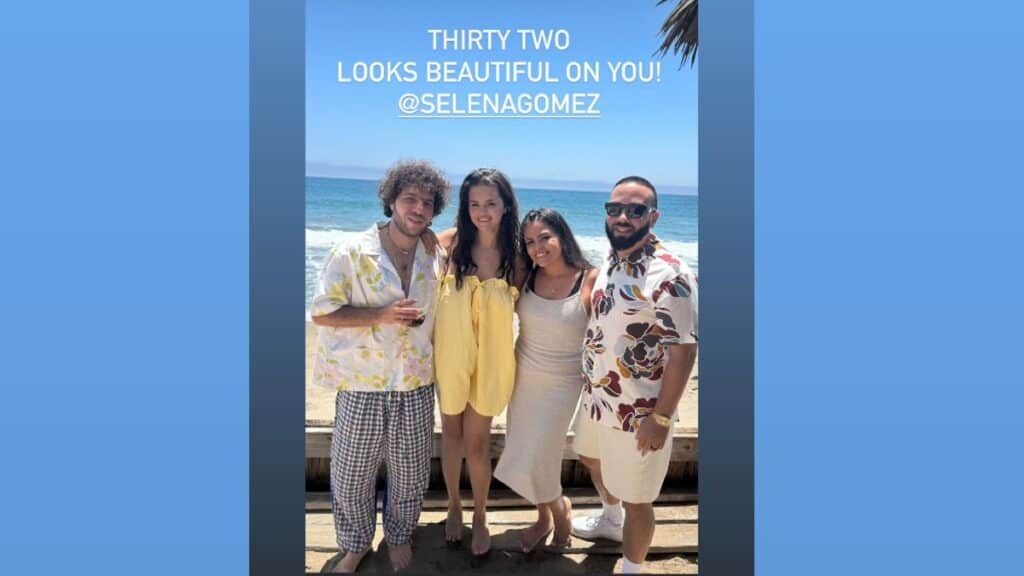 Selena with Benny Blonco, Priscilla Cosme and Coach Jay Cosme during birthday on the beach.