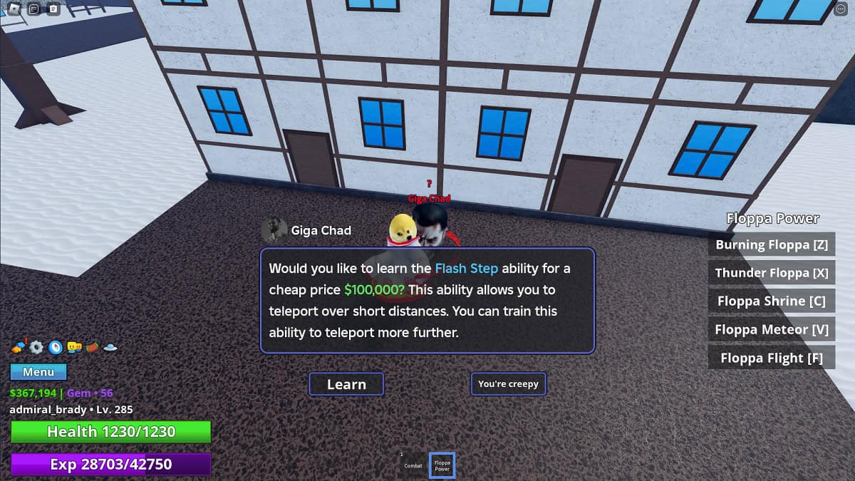 giga chad flash step ability location in roblox meme sea