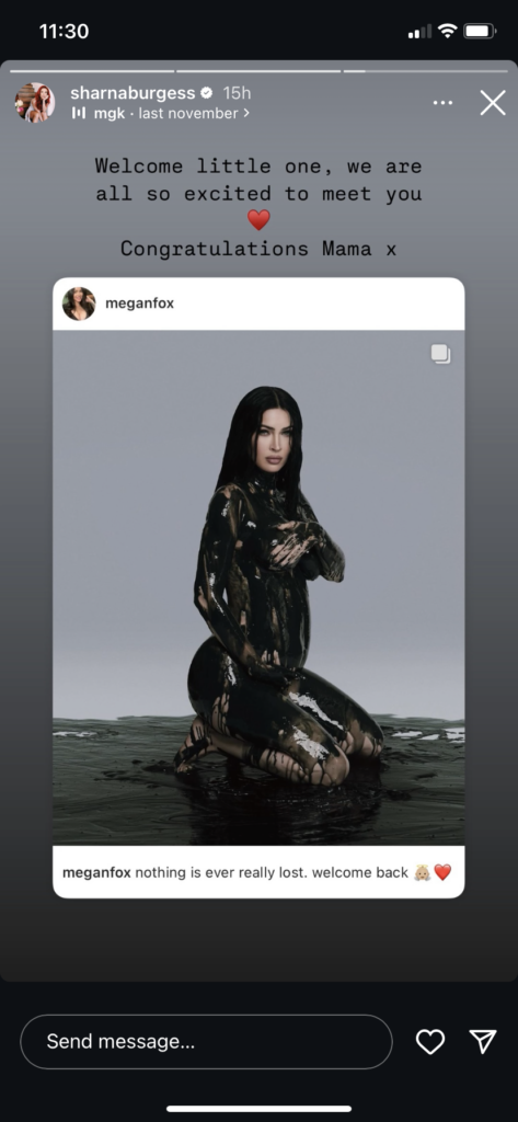 Brian Austin Greenโs fiancรฉe Sharna Burgess sent her congratulations to Megan Fox.