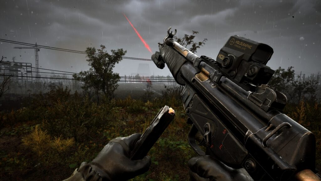 The player reloads a rifle outside in the rain in Stalker 2
