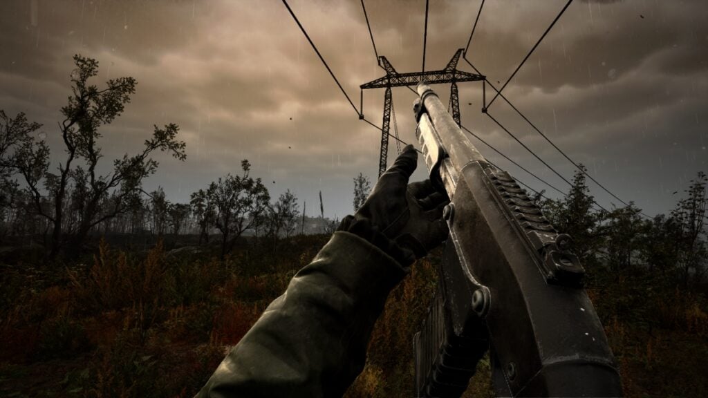 The player reloads a shotgun outside in the rain in Stalker 2