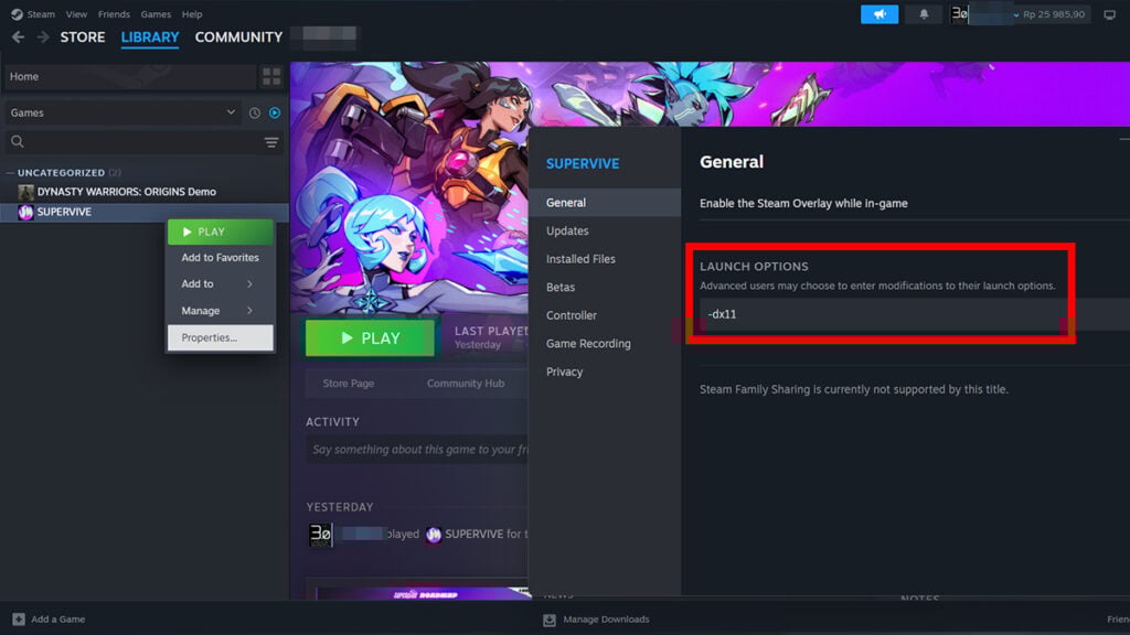 Use '-dx11' as Steam Launch Parameter to Fix Supervive Crash