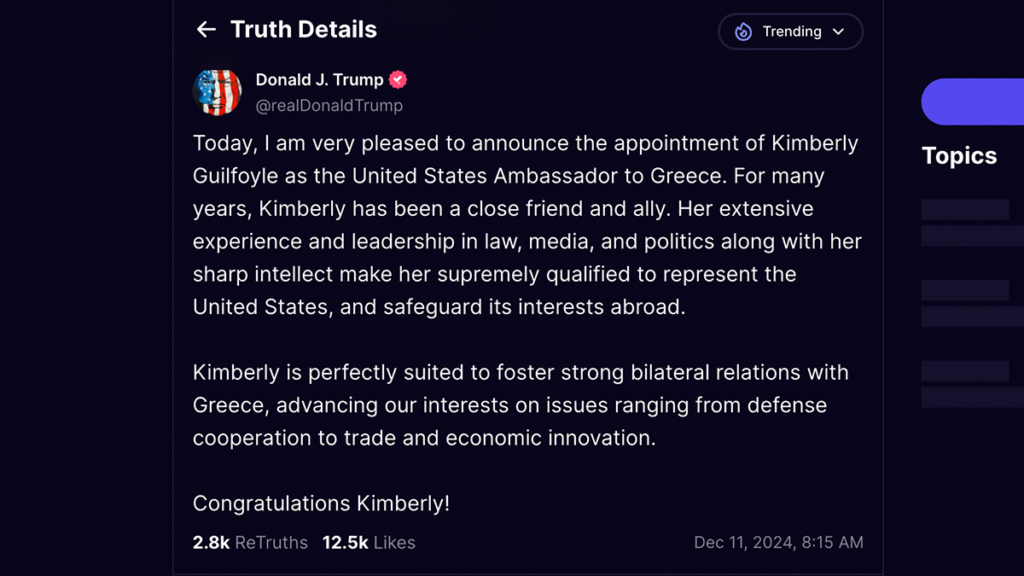 Donald Trump Appointment of Kimberly Guilfoyle as the United States Ambassador to Greece on Truth Social