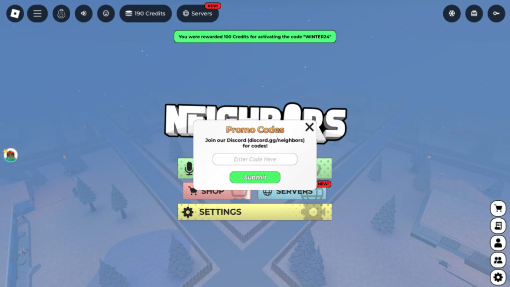 The code redemption screen in Neighbors Roblox