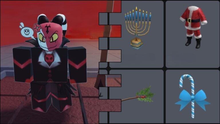 A stylish demon and inventory full of holiday items in Roblox
